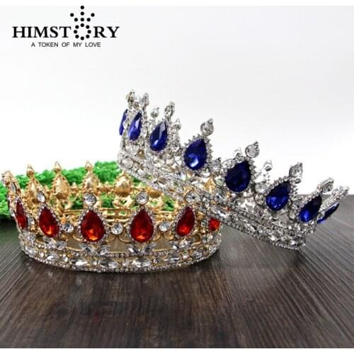 HIMSTORHuge European Royal Hair Crown Red/Blue Rhinestone Imitation Tiara Super Large Quinceanera Crown Wedding hair accessories
