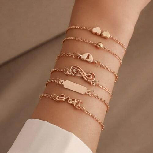 Ladys Letter 6 Pcs Suit Bracelet exotic Heart Shape Beads Character New Link Chain Charm Bracelet Gold Color Women Jewelry