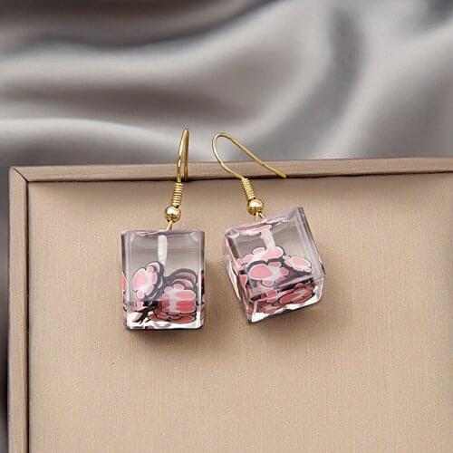 Fashion Cute Poker Resin Cube Pendant Earrings For Women Girls Funny Paw Geometric Charms Drop Ear Jewelry Party Gifts