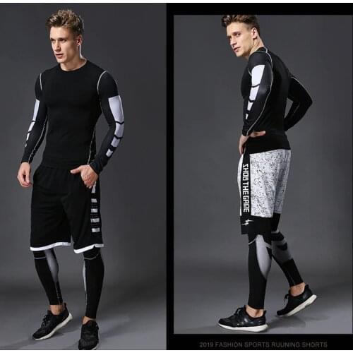 High Quality Mens Running Sport Tights Pants Basketball Cropped Compression Leggings Male Gym Fitness Sportswear Trousers