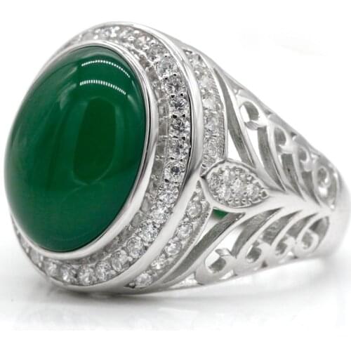 Men Ring with Natural Green Agate Stone 925 Sterling Silver Vintage Hollow Design Turkish Elegant Jewelry Gifr for Male Women