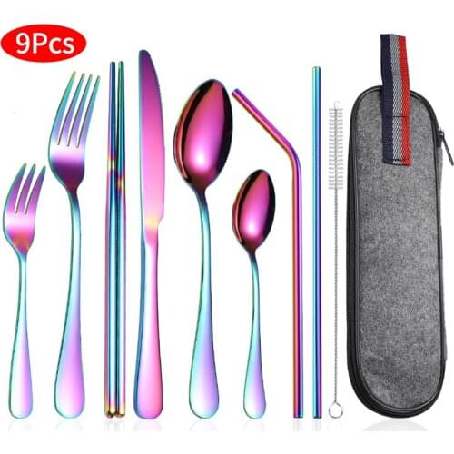 9-Piece Stainless Steel Flatware set Utensil Silverware Portable Knife, Fork, Spoon, Chopsticks and Cutlery