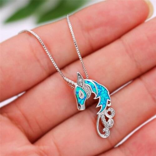 New Cute Female Unicorn Horse Pendants Necklaces Silver Color Wedding Necklaces For Women Boho White Blue Fire Opal Necklace