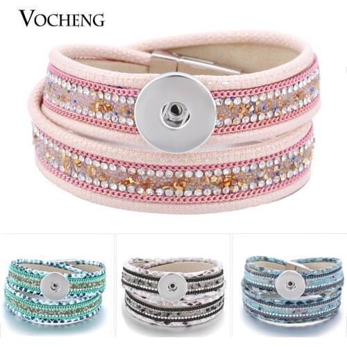 Vocheng Snap Charms Button Jewelry 18mm 4 Colors Double Leather Magnet Clasp Bracelet Inlaid Bling Rhinestone NN-465