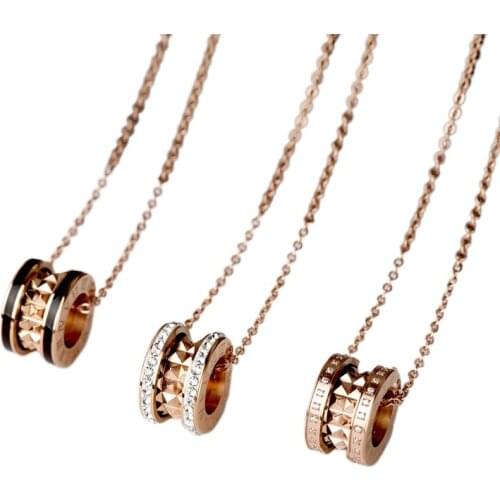 Fashion Roman Numerals Stainless Steel Double Rows Rivets Pendant Necklace For Women