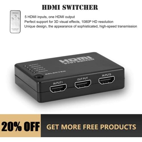 5 In 1 Out Video HDMI Switch Selector with CR2025 Battery Switcher Splitter Hub & IR Remote 1080p for HDTV PS3 DVD