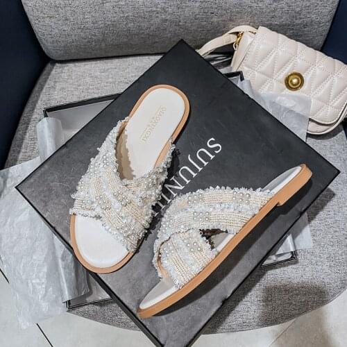 Luxury designer pearl beading flat slippers women glitter cloth cross band flip flops mixed color beading slides plus size 43