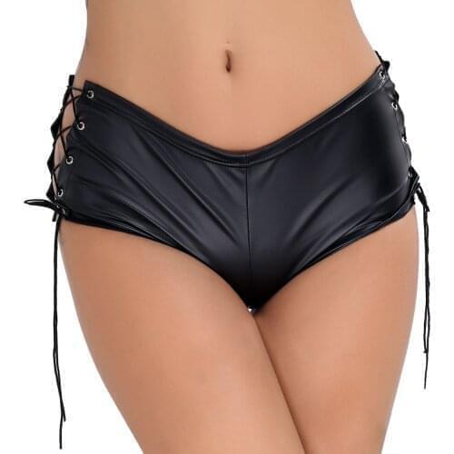 Womens Low Waist Patent Leather Shorts Sexy Slim Solid Black Summer Panties Clubwear Fashion Sides Bandage Pole Dance Shorts