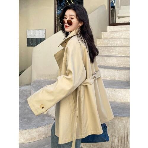 Womens Windbreaker Spring And Autumn New Korean Fashion Loose Solid Color Wild Double-breasted Long-sleeved Feminine Coat M079