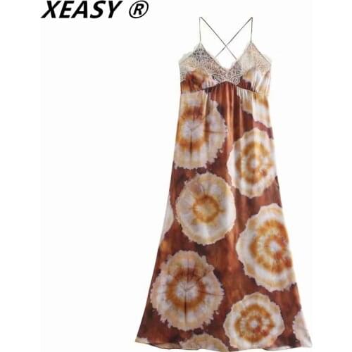 XEASY Women 2021 Fashion With Lace Trims Printed Midi Camisole Dress Vintage Backless Cross Thin Straps Female Dresses Mujer