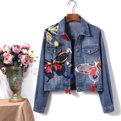Vintage Short Denim Coat Women Personality Street Harajuku Loose Outwear Female Blue Embroidered Butterfly Tassel Jeans Jackets