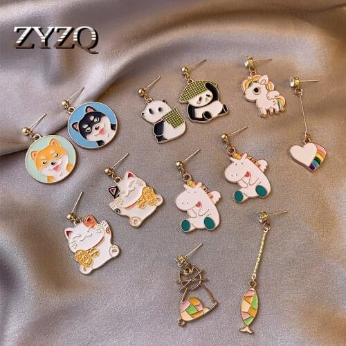 ZYZQ Kawaii Women‘s Animal Asymmetric Earrings Cute Color Dripping Oil Chinese Panda Lucky Cat Studs Earrings Jewelry for Kid