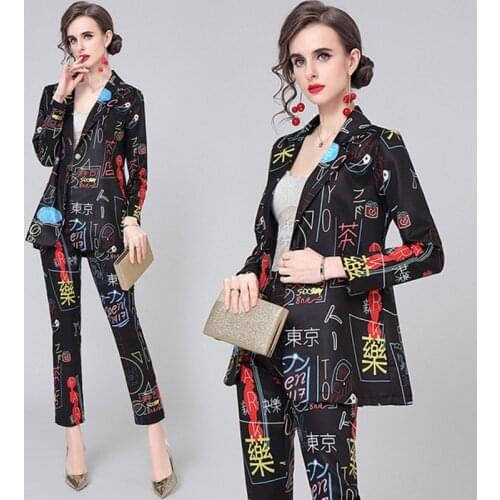 Women Autumn White Black Japanese Graffiti Print Suit Office Notched Jacket Blazer&High Waist Straight Pencil Pants 2 Pieces Set