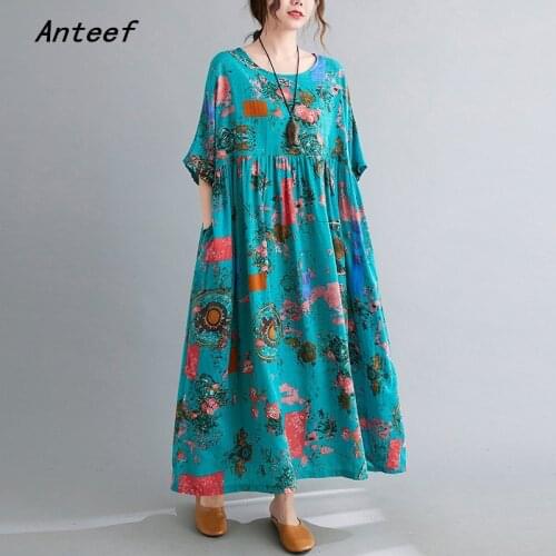 Short sleeve cotton linen vintage floral dresses for women casual loose long woman summer dress elegant clothes 2021
