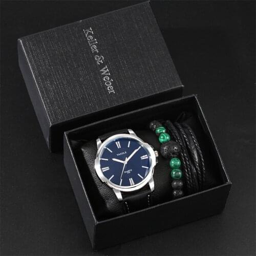 Keller & Weber Luxury 3pcs Set Watch Men Pin Buckle Leather Quartz Casual Mens Watches Fashion Bracelet Wristwatch Gift Sets