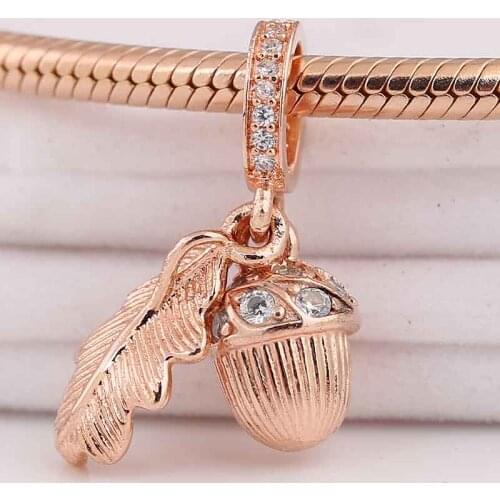 Original Rose Acorn & Leaf With Crytal Pendant Beads Fit 925 Sterling Silver Charm Bracelet Bangle Diy Jewelry