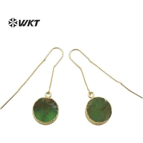 WT-E599 wholesale hot 15mm round Australia Chrysoprase stone long swing dangle earring fashion gold trim hoop earrings