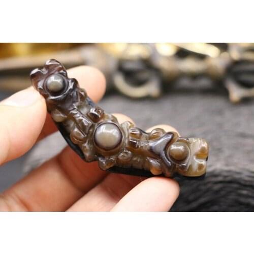 Energy!!! Mysterious Tibetan Onyx DOUBLE HEAD DRAGON Totem Heaven eye Carving LKbrother Talisman Treasure