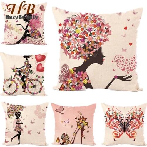 18x18 Flower Butterfly Girl Cushion Covers Cotton Linen Pillow Covers Throw Wedding Decorative Pillowcase Flower Fairy Pillows