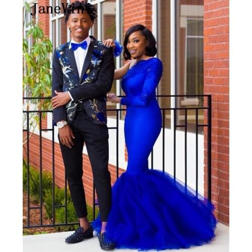 JaneVini Sexy Royal Blue Mermaid Evening Dresses 2019 One Shoulder Lace Long Sleeves Plus Size Black Girls Evening Party Gowns