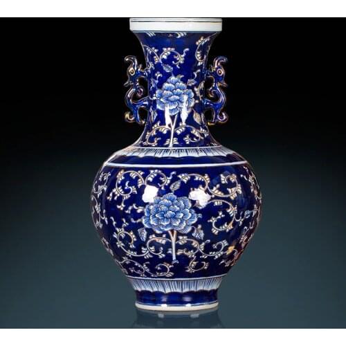 Jingdezhen Ceramic vase Antique Gold Painting Vase Decoration Hand-painted Blue And White Porcelain vase Living Room Decoration