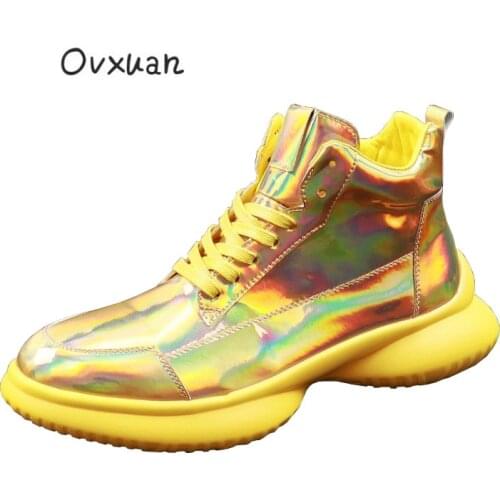 OVXUAN All Gold Sneakers British Style High Top Bling Laser Patent Leather Casual Ankle Boots Men Shoes Street Hip Hop Men Flats