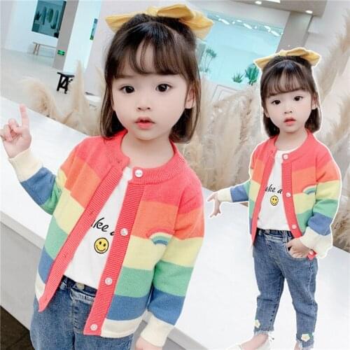 Hot Item Kids Baby Girls Clothes Cardigan Sweater Rainbow stripes Knitted Coats Cute Toddler Boys Childrens Sweater 2021 Korean