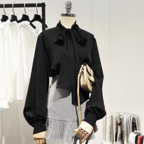 Fashion Design Black Chiffon Women Blouse Summer New Bow Loose Elegant Office Lady Pulls Outwear Tops