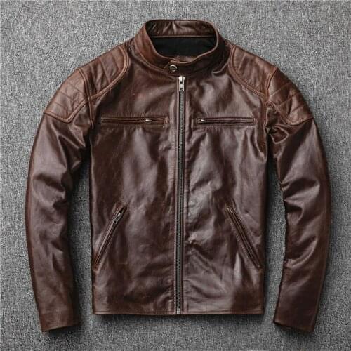 Mens Genuine Leather Jacket Cowhide Slim-Fit Stand-up Collar Short Casual Simple Mens Motorcycle Jacket