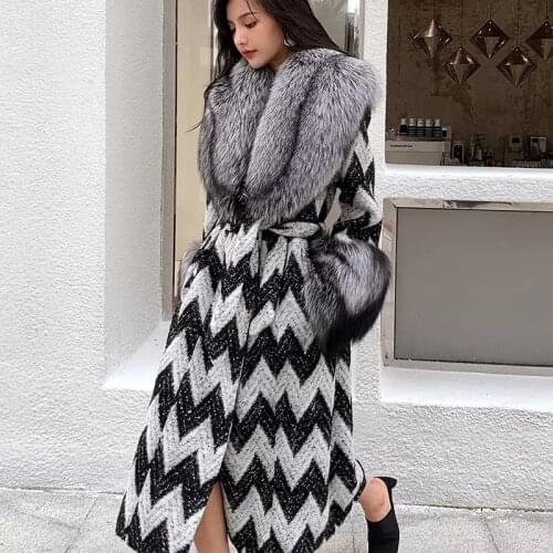 2021 New Arrival Winter Women Long Knitted Real Fox Fur Collar Sleeve Warm Belt Long Slim Overcoat