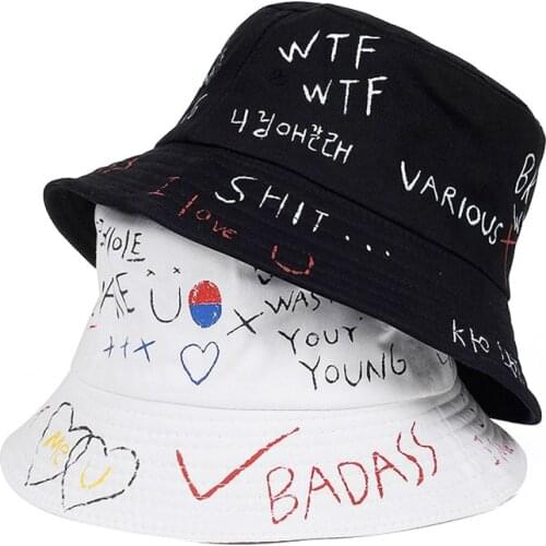 Fashion Letter Graffiti Travel Summer Beach Sun Protection Hat Black White Bucket Hat Fisherman Cap