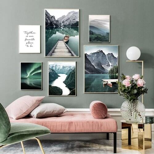 Nordic Scandinavian Travel Landscape Canvas Painting Mountain Boat Grass Poster Print Wall Art Picture Modern Living Room Decor