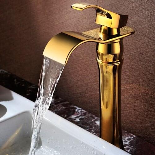 European high style solid brass gold finished bathroom sink waterfall faucet golden basin Hot and cold water mixer tap faucet