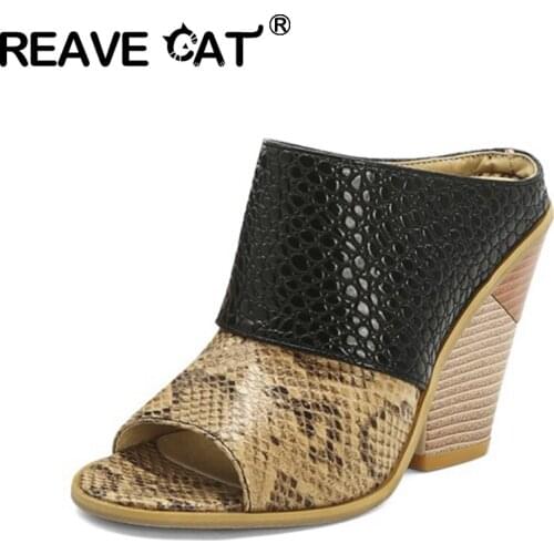 REAVE CAT 2021 Slippers Alligator Texture Patchwork Peep Toe Slingbacks 10cm Strange Chunky Heel US17 Black White Yellow A4331