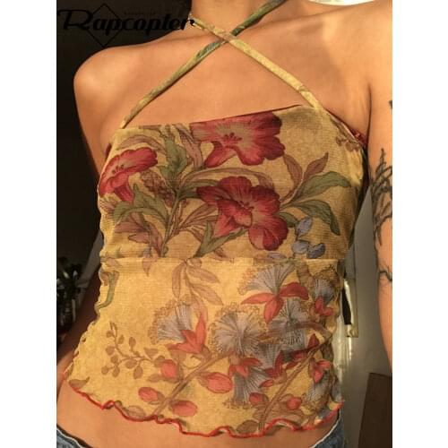 Rapcopter Floral Vintage Crop Top y2k Mesh See Through Sexy Corset Top Frill Cross Halter Sweats Female Summer Party Clubwear