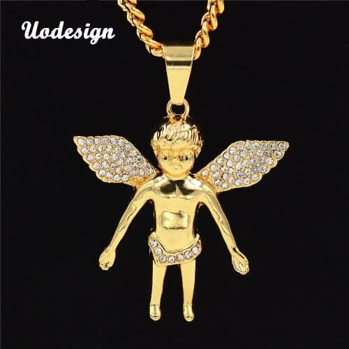 Uodesign Rhinestone Iced Out Angle Wings Charm Golden Angel Piece Pendant Empire Hip Hop Cuban Chain Jewelry