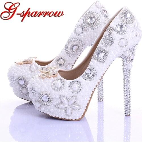 Spring Newest Style Bowtie Rhinestone Wedding Shoes White Pearl Genuine Leather Handmade Ultra High Heel Bridal Dress Shoes