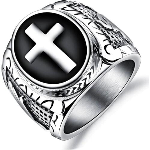 Vintage Black Two-Tone Holy Cross Signet Ring Prayer Christian Jesus Religious Cocktail Valentine