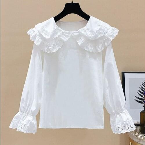 Sweet White Blouse Women Tops Clothes Vintage Peter Pan Collar Long Sleeve Shirt Female Streetwear Casual Blusas