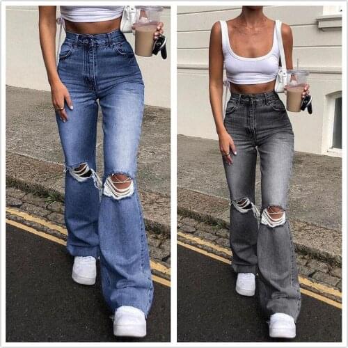 2021 Fall New High Waist Women Ripped Flare Jeans Retro Casual Stretch Slim Denim Boot Cut Pants S-2XL Drop shipping