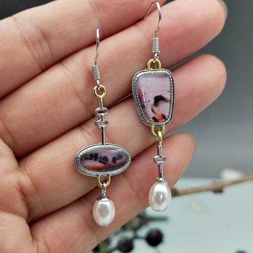 Delicate Geometric Oval Pink Stone Earrings Asymmetric Artistic Jewelry Painting Pattern Long Pearl Wedding Earrings Gift