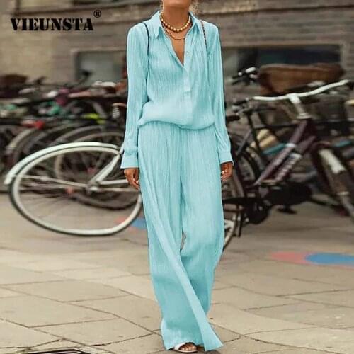Spring Solid Color Casual Outfits Sexy V Neck Buttons Shirt and Elastic Waist Pants Suits 2021 Autumn Loose Two Piece Women Sets