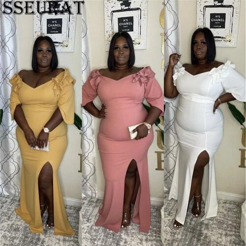 SSEURAT Plus Size XL-5XL Summer Long Maxi Dress Women Half Sleeve Solid Night Club Party Bandage Street Dresses Vestidos