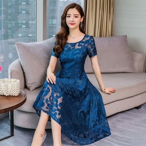 2021 New Large Size Women Lace Dresses Summer Fashion Temperment Slim Short Sleeve Solid O-Neck Big Swing Waist Female Dresses
