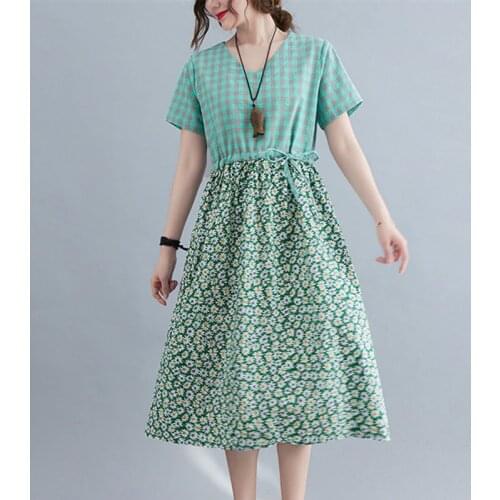 2021 New Arrival Loose Summer Dress Cotton Linen Plaid Print Floral Patchwork Office Lady Work Dress Women Midi Casual Dresses