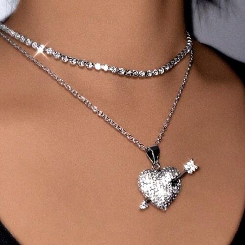 Flatfoosie 2021 New Cupid Arrow Pendant Necklace Shiny Heart Crystal Clavicle Chain Necklace For Woman Creative Jewelry Gift