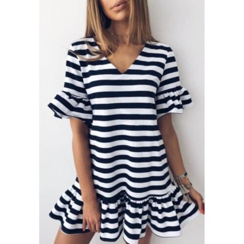 Short-Sleeve Sexy Summer Women Dress Belt Ruffles Hem Vestido V Neck Beach Boho Striped Elegant Party Red Dresses Vestidos