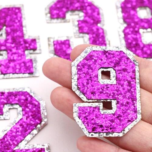 1Pcs 0-9 Glitter Fuchsia Number Patches Figure Sequins Patch Iron On Patches For Clothes DIY Stripes Motif Appliques Badge 50MM