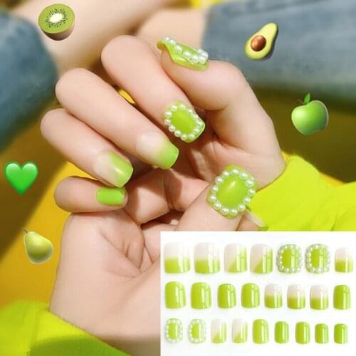 24Pcs Fluorescent Green False Nails Acrylic Gel Full French Fake Nails Art Tips