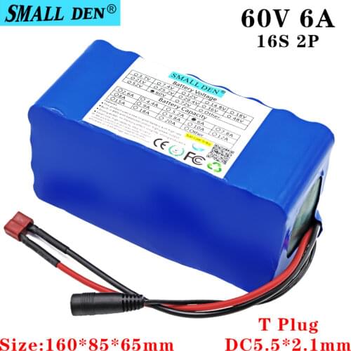 60V 6.0Ah 18650 16S2P lithium ion battery pack T plug with 20A balance BMS 6000mAh 1000W motor electric bicycle scooter battery